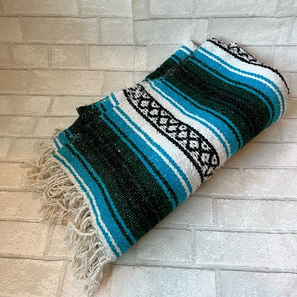 Authentic Mexican Falsa Blanket Turquoise Green Boho Yoga Picnic Throw